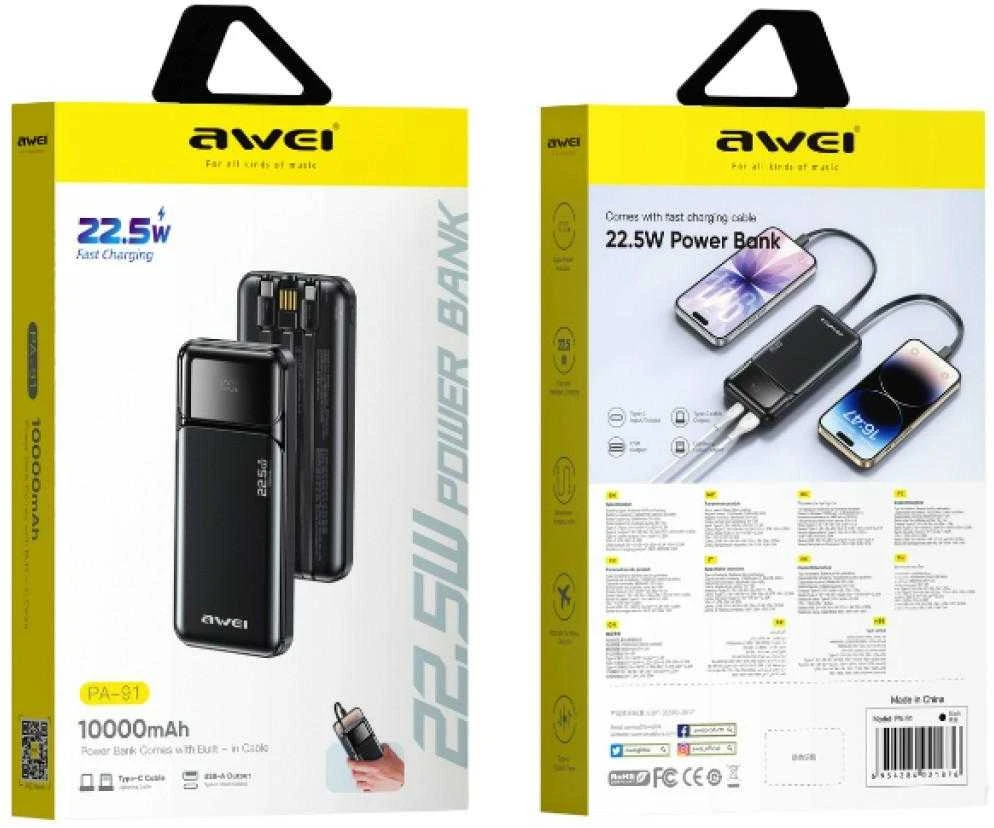 Powerbank Awei PA-91 10000mAh 22,5W PD 2xUSB-C + kabelis juodos spalvos