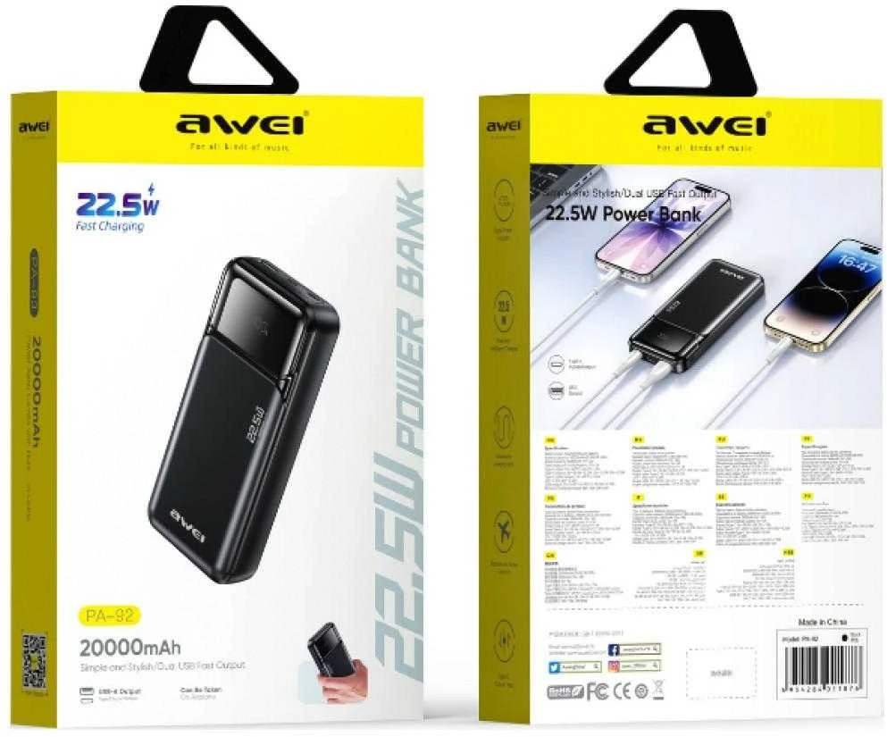 Powerbank Awei PA-92 20000mAh 22,5W PD 2xUSB-C juodos spalvos
