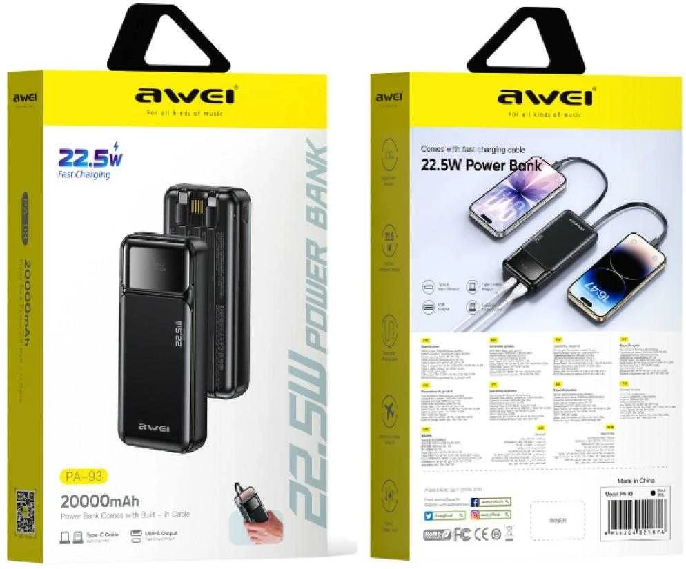 Powerbank Awei PA-93 20000mAh 22,5W PD 2xUSB-C + kabelis juodos spalvos
