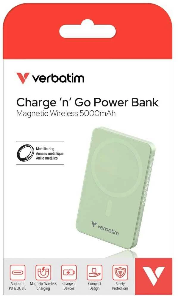 „Verbatim Charge ‘n’ Go Essentials“ magnetinė belaidė išorinė baterija, 5000 mAh, Žalia