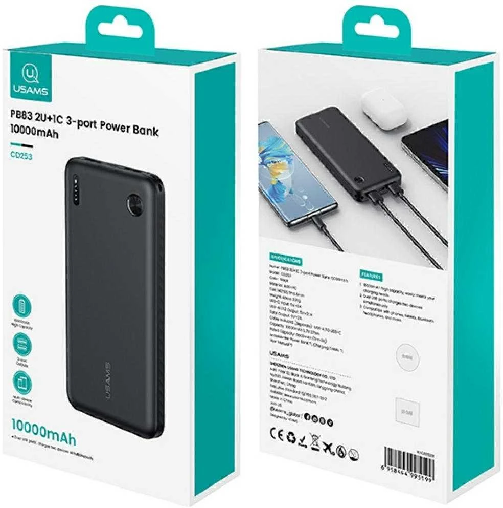 USAMS PB83 išorinė baterija 2xUSB-A 1xUSB-C 10000mAh baltas