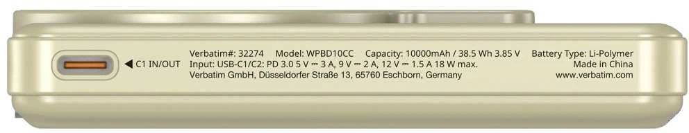 Verbatim Charge 'n' Go C+C, Ekranas Power Bank 10000 mAh, Gold