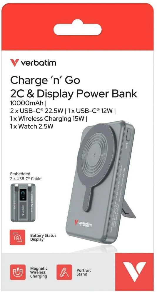 Powerbank Verbatim Charge n Go 10000mAh with stand Magnetic Wireless TFT display 2xUSB-C cable pilkas