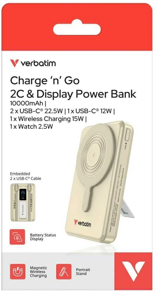 Verbatim Charge 'n' Go C+C, Ekranas Power Bank 10000 mAh, Gold