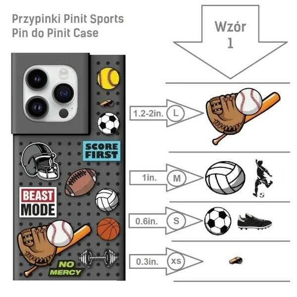 Pinit telefono dėklas su sporto smeigtukais ir dydžių schema