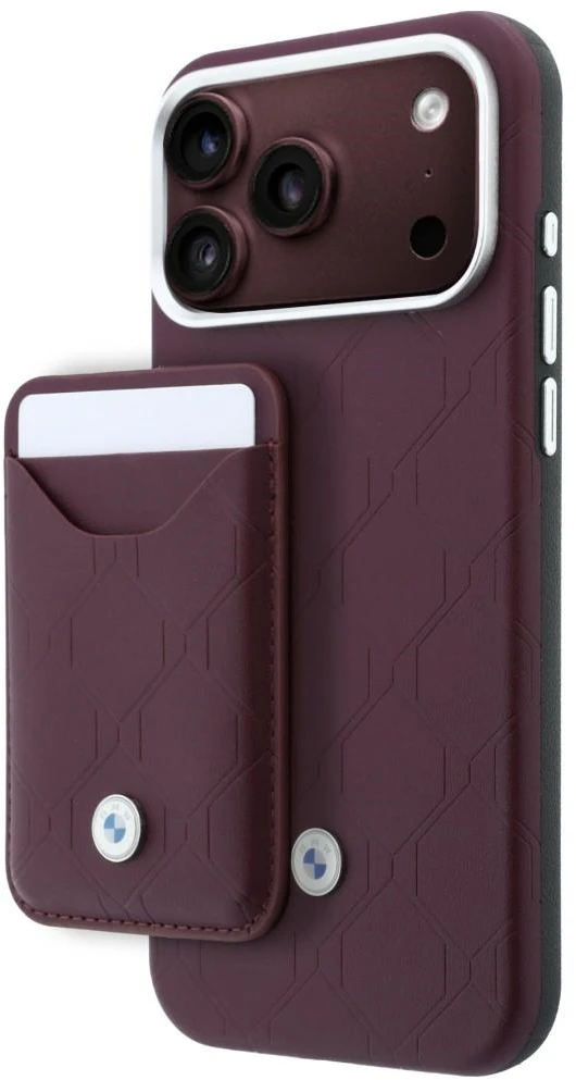 Rinkinys Dėklas + portfel BMW Quilted Pattern Metal Logo do iPhone 18 Pro Max / 17 Pro Max bordo spalvos