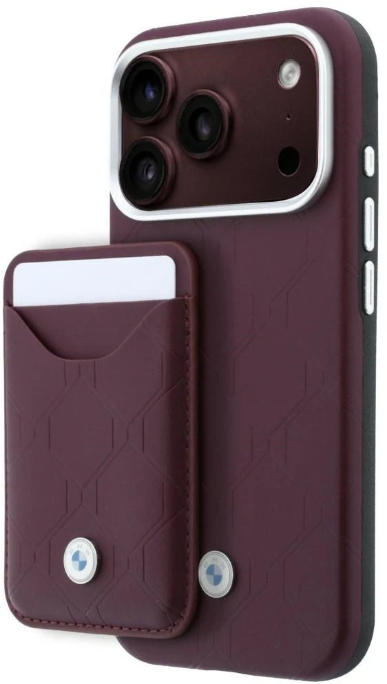 Rinkinys Dėklas + portfel BMW Quilted Pattern Metal Logo do iPhone 18 Pro / 17 Pro bordo spalvos