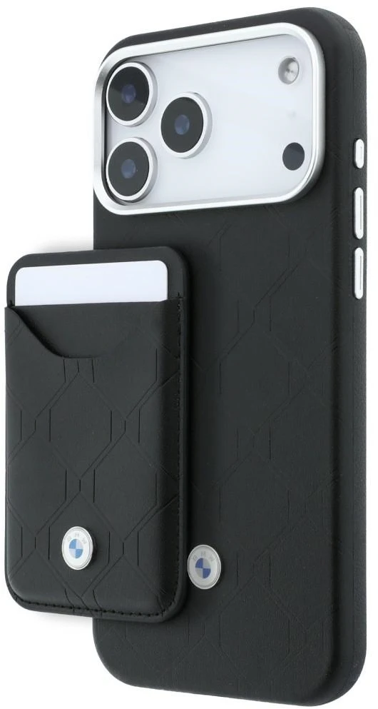 BMW Quilted Pattern Metal Logo dėklas + piniginės rinkinys, skirtas iPhone 18 Pro Max / 17 Pro Max, juodas
