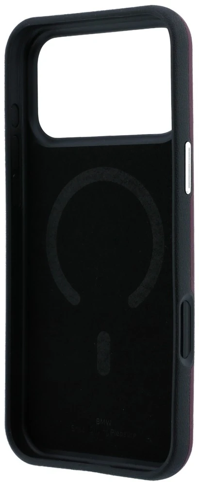 Rinkinys Dėklas + portfel BMW Quilted Pattern Metal Logo do iPhone 18 Pro / 17 Pro bordo spalvos