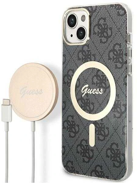 Guess Rinkinys GUBPP14SH4EACSK Dėklas+ Įkroviklis Apple iPhone 14 / 15 / 13 6,1″ juodos spalvos kietas dėklas 4G Print M