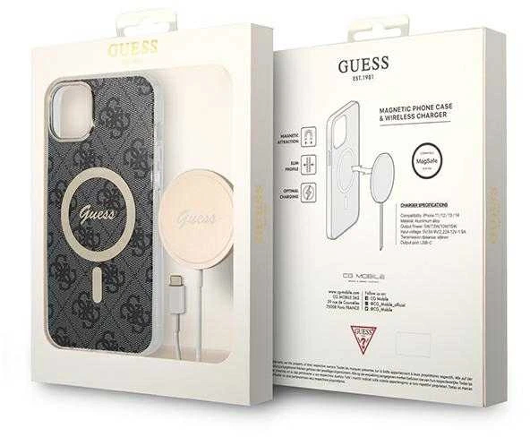 Guess Rinkinys GUBPP14SH4EACSK Dėklas+ Įkroviklis Apple iPhone 14 / 15 / 13 6,1″ juodos spalvos kietas dėklas 4G Print M
