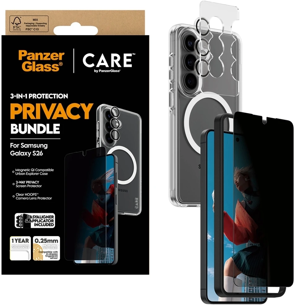 Panzer Glass Rinkinys ochronny CARE by PanzerGlass Privacy 3w1 Dėklas+Szkło+Lens do Samsung Galaxy S26
