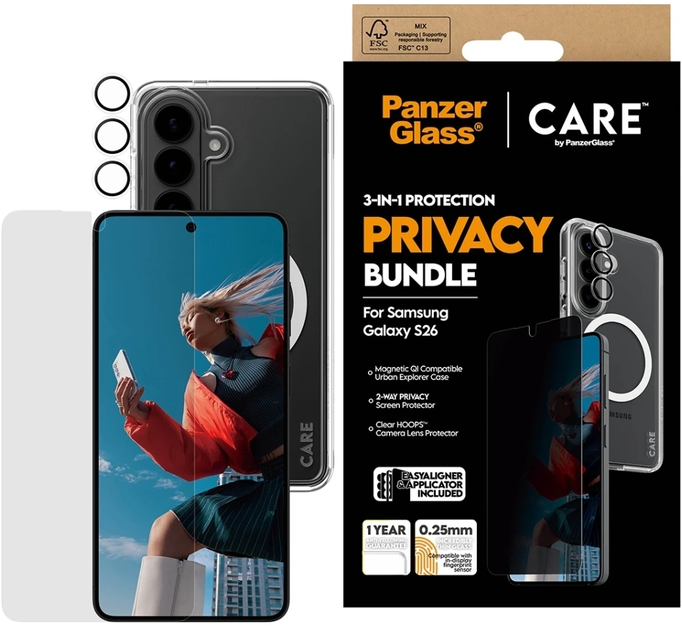 Panzer Glass Rinkinys ochronny CARE by PanzerGlass Privacy 3w1 Dėklas+Szkło+Lens do Samsung Galaxy S26