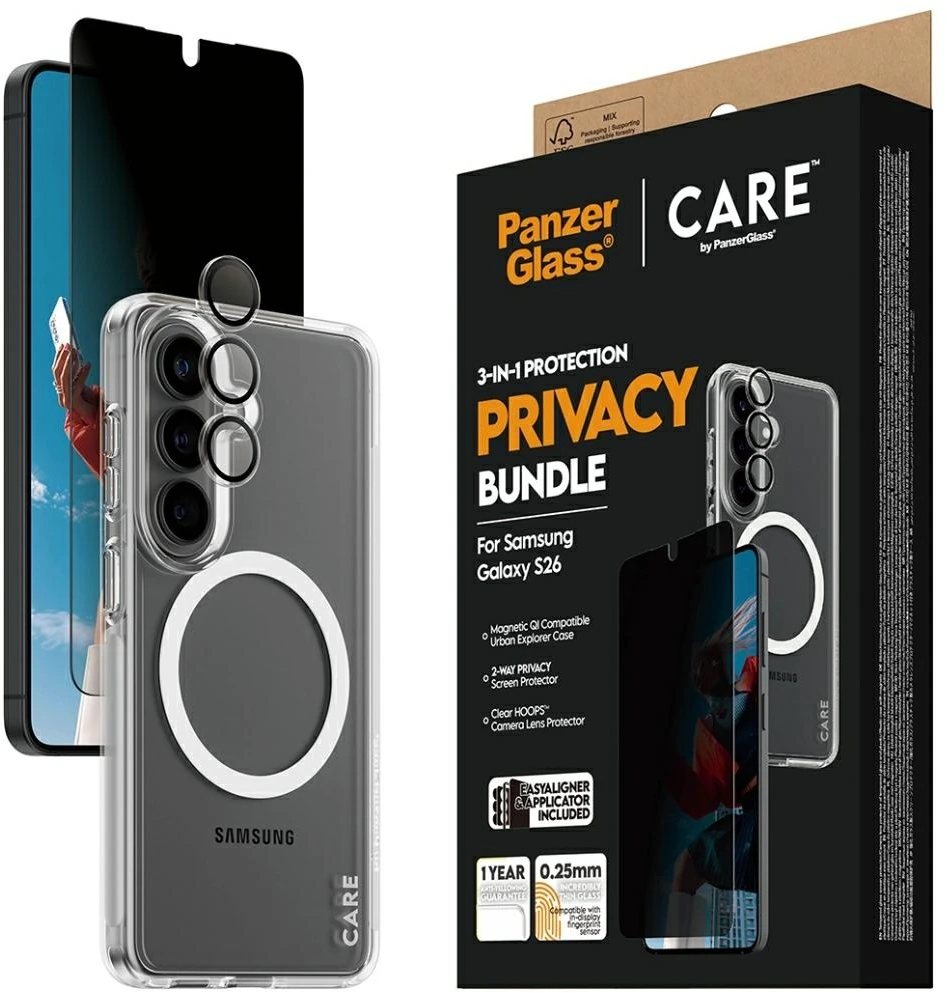 Panzer Glass Rinkinys ochronny CARE by PanzerGlass Privacy 3w1 Dėklas+Szkło+Lens do Samsung Galaxy S26