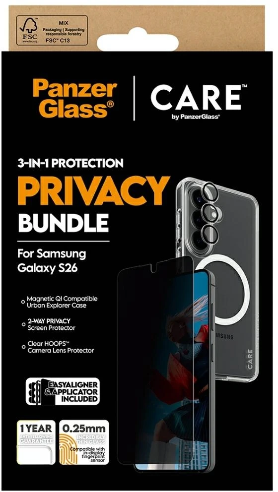 Panzer Glass Rinkinys ochronny CARE by PanzerGlass Privacy 3w1 Dėklas+Szkło+Lens do Samsung Galaxy S26