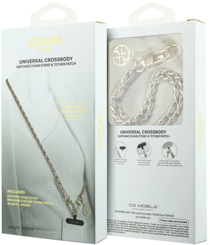 Telefono pakabukas Guess Wrist Strap Saffiano Chain 4G Charm rožinis