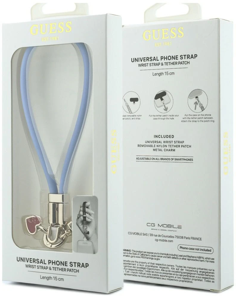 Telefono pakabukas Guess Wrist Strap silikoninis su rašto pakabukais, mėlynas
