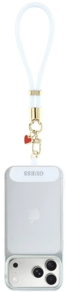 Telefono pakabukas Guess Wrist Strap Silicone Script Charms baltas