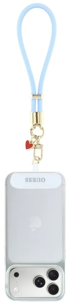 Telefono pakabukas Guess Wrist Strap silikoninis su rašto pakabukais, mėlynas