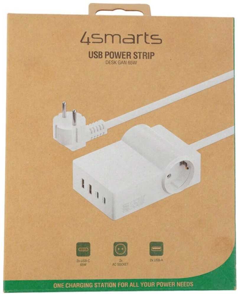 Listwa zasilająca 4smarts Desk GaN 6w1 65W USB-C/A/AC 2 gniazda jungiama į tinklą 1,5 m Baltas (540559)