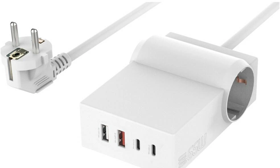 Listwa zasilająca 4smarts Desk GaN 6w1 65W USB-C/A/AC 2 gniazda jungiama į tinklą 1,5 m Baltas (540559)