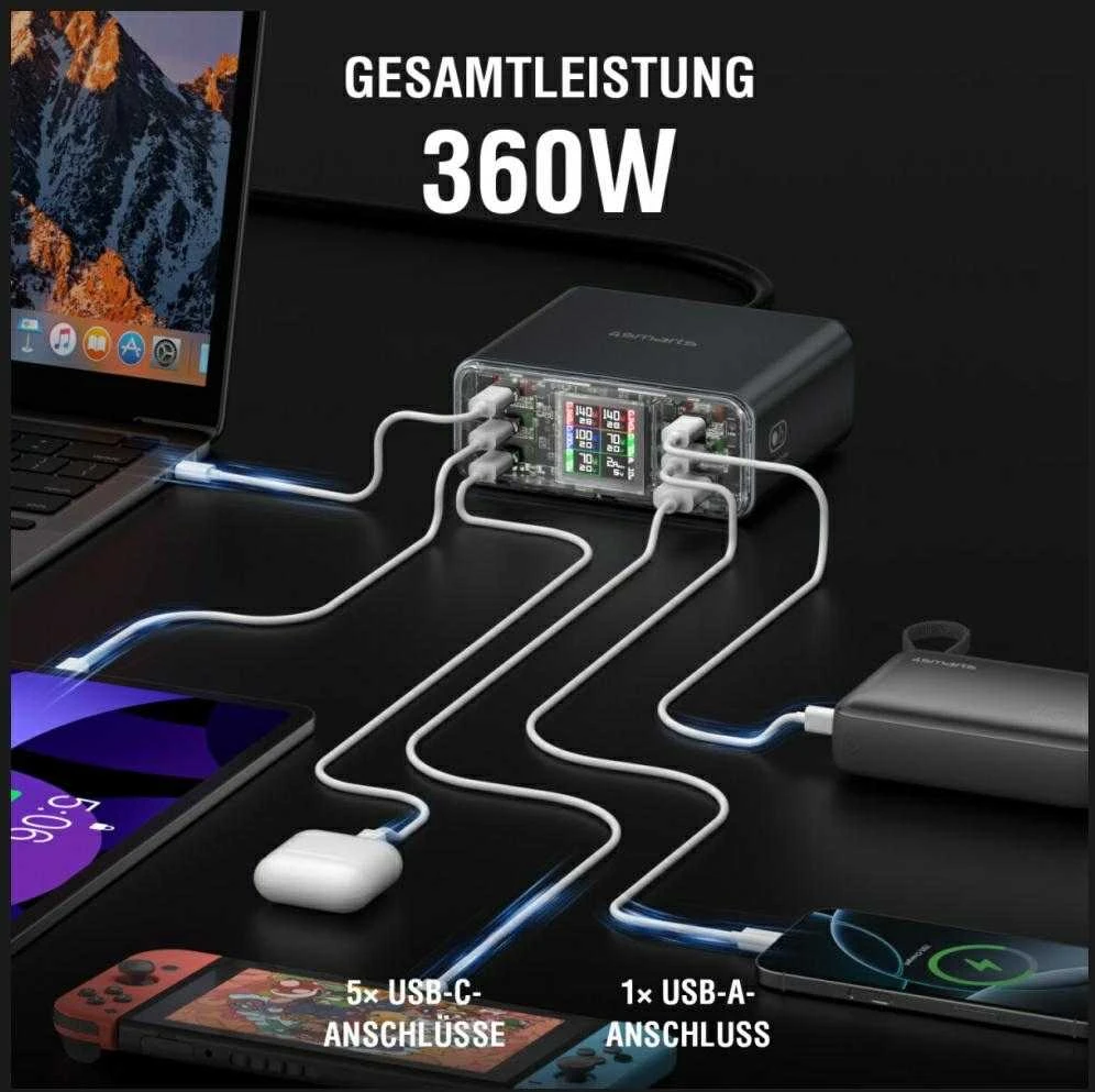 4smarts stalinis įkroviklis Lucid GaN „pasidaryk pats“ 360 W įkrovimo stotelė, 5xUSB-C, 1xUSB-A, pilka