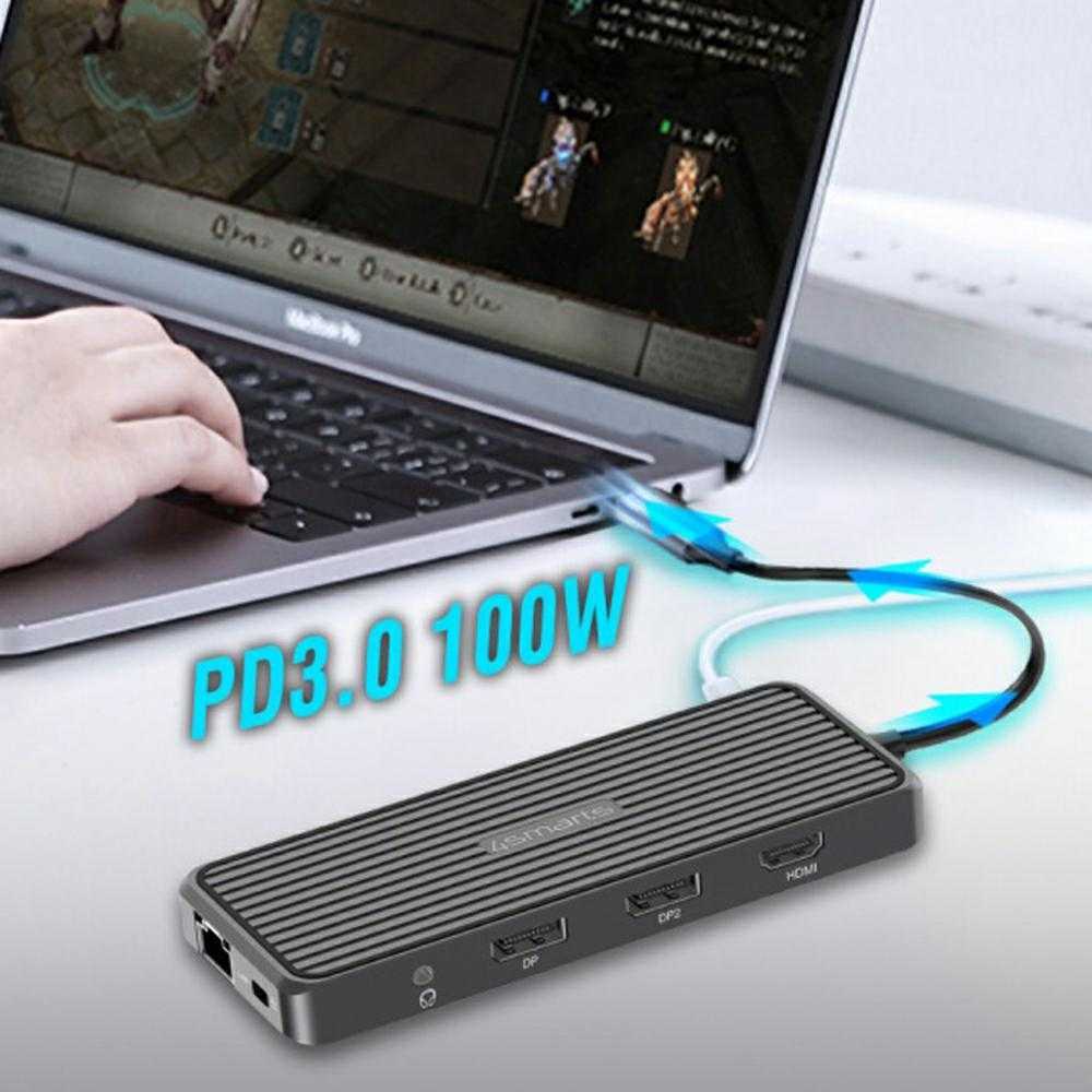 „4smarts SmartDock 11w1“ | 4x USB-A | USB-C PD 100W | RJ45 | Garsas/mikrofonas | HDMI | 2x DP
