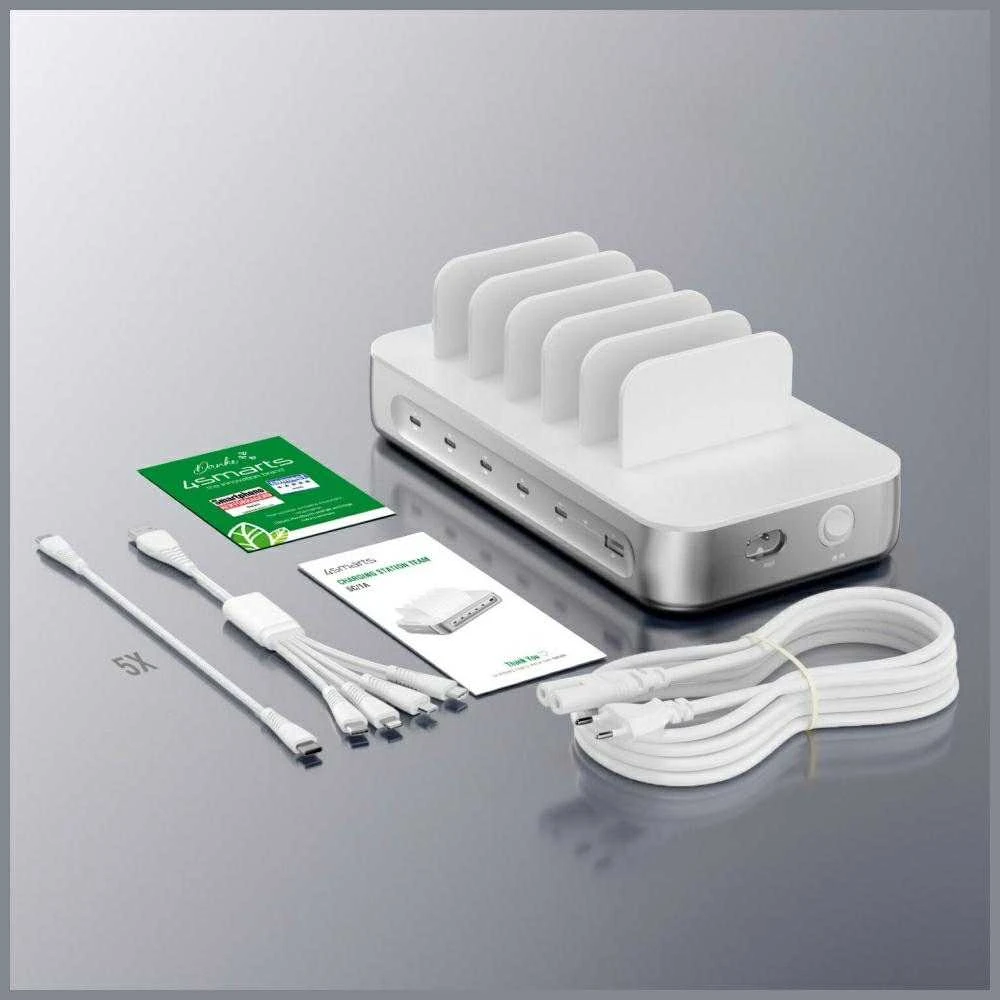 4smarts Team 100W įkrovimo stotelė 5xUSB-C su 6 laidų rinkiniu, sidabrinis