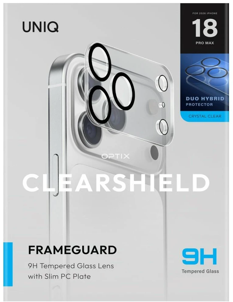 Szkło na objektyvas aparatu UNIQ Optix Clearshield Frameguard Camera Lens Protector do iPhone 18 Pro Max crystal clear su aplikatorem