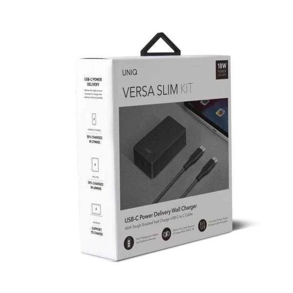 UNIQ Versa Slim įkroviklis USB-C PD 18W + USB-C-USB-C laidas, anglies juodos spalvos (LITHOS Collect)