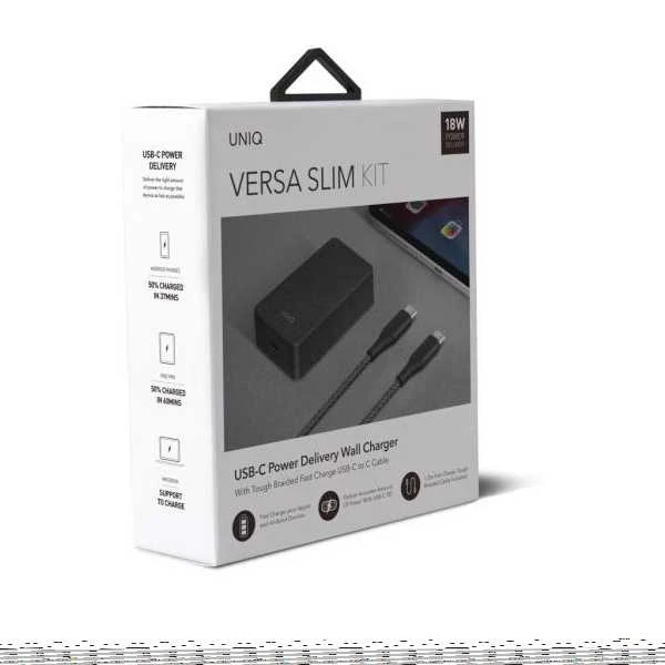 UNIQ Versa Slim įkroviklis USB-C PD 18W + USB-C-USB-C laidas, anglies juodos spalvos (LITHOS Collect)