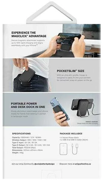 UNIQ Powerbank Hoveo 5000mAh USB-C 20W PD Fast charge Wireless Magnetic pilkos spalvos/chalk pilkos spalvos