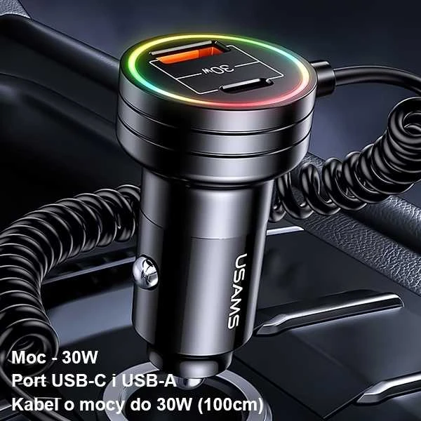 USAMS automobilinis įkroviklis 2xUSB-C 1xUSB-A C33 60W with spring cable Fast Charge juodas CC167CC01 (US-CC167)