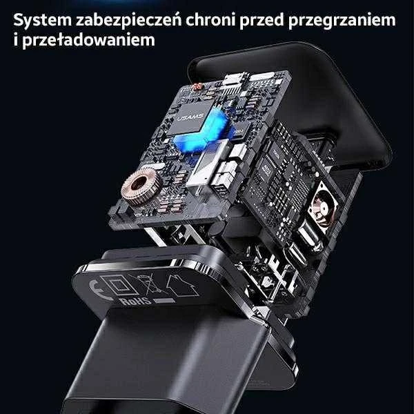 USAMS Tinklo įkroviklis 1xUSB-C T45 30W PD3.0 Fast Charging +kabelis U63 USB-C/Lightning juodos spalvos UXTZH01 (USAMS-UX)