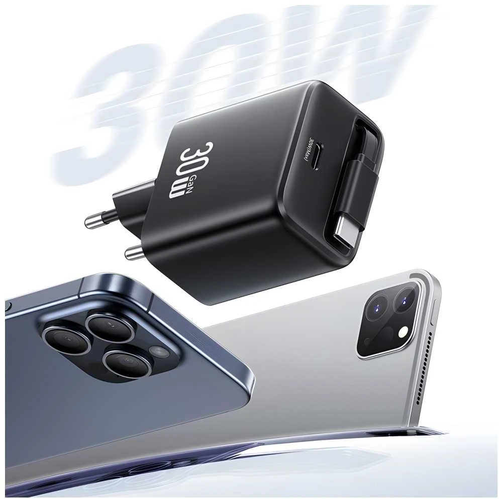 USAMS įkroviklis 1xUSB-C su ištraukiamu USB-C PD+QC 30W Gan greito įkrovimo juodos spalvos