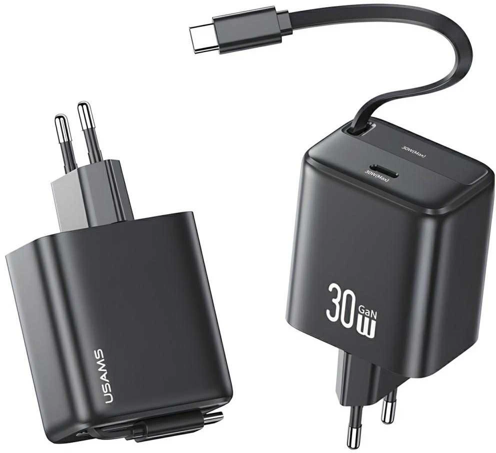 USAMS įkroviklis 1xUSB-C su ištraukiamu USB-C PD+QC 30W Gan greito įkrovimo juodos spalvos
