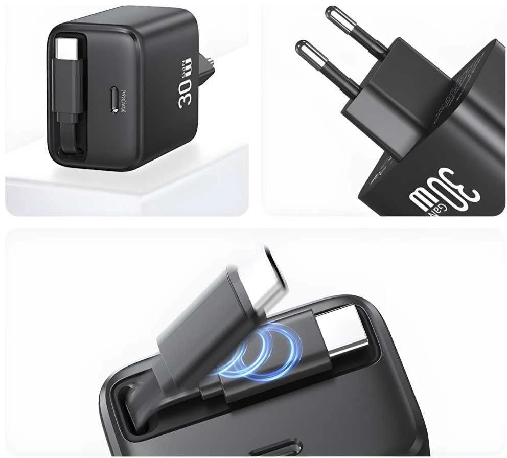 USAMS įkroviklis 1xUSB-C su ištraukiamu USB-C PD+QC 30W Gan greito įkrovimo juodos spalvos