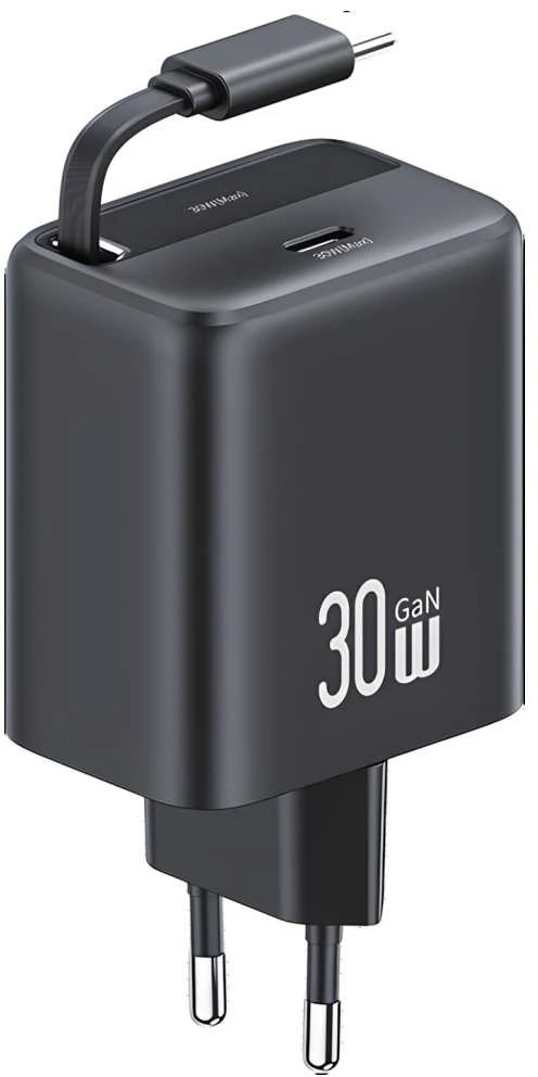 USAMS įkroviklis 1xUSB-C su ištraukiamu USB-C PD+QC 30W Gan greito įkrovimo juodos spalvos