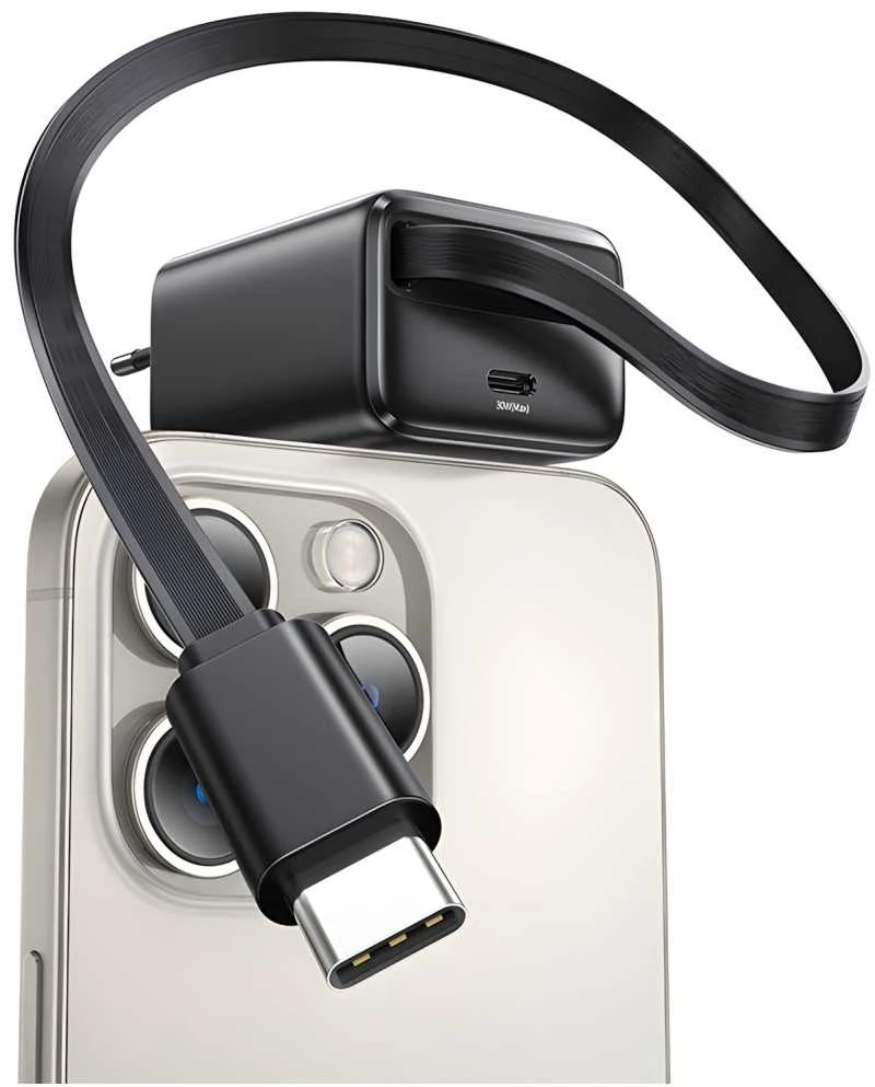 USAMS įkroviklis 1xUSB-C su ištraukiamu USB-C PD+QC 30W Gan greito įkrovimo juodos spalvos