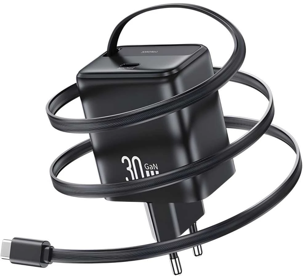 USAMS įkroviklis 1xUSB-C su ištraukiamu USB-C PD+QC 30W Gan greito įkrovimo juodos spalvos