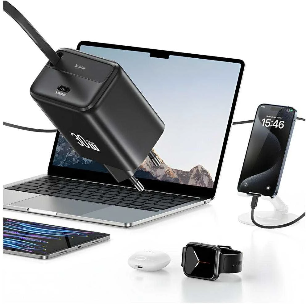 USAMS įkroviklis 1xUSB-C su ištraukiamu USB-C PD+QC 30W Gan greito įkrovimo juodos spalvos