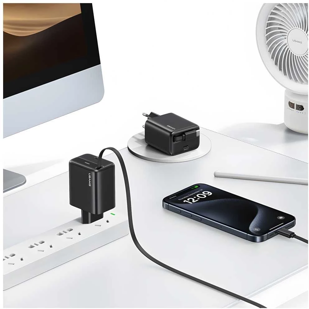 USAMS įkroviklis 1xUSB-C su ištraukiamu USB-C PD+QC 30W Gan greito įkrovimo juodos spalvos