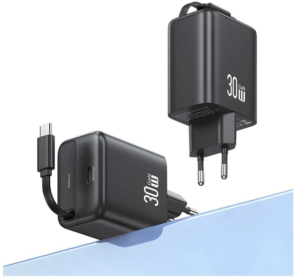 USAMS įkroviklis 1xUSB-C su ištraukiamu USB-C PD+QC 30W Gan greito įkrovimo juodos spalvos