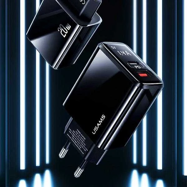 USAMS Laidinis įkroviklis 1xUSB-C + 1xUSB T40 20W LED (only head) PD3.0 + QC3.0 Fast Charging juodos spalvos CC133T