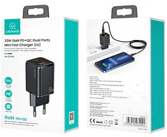 USAMS Laidinis įkroviklis 1xUSB-C+1xUSB T43 33W PD3.0 + QC3.0 + U63 cable USB-C to Lightning juodos spalvos USKT