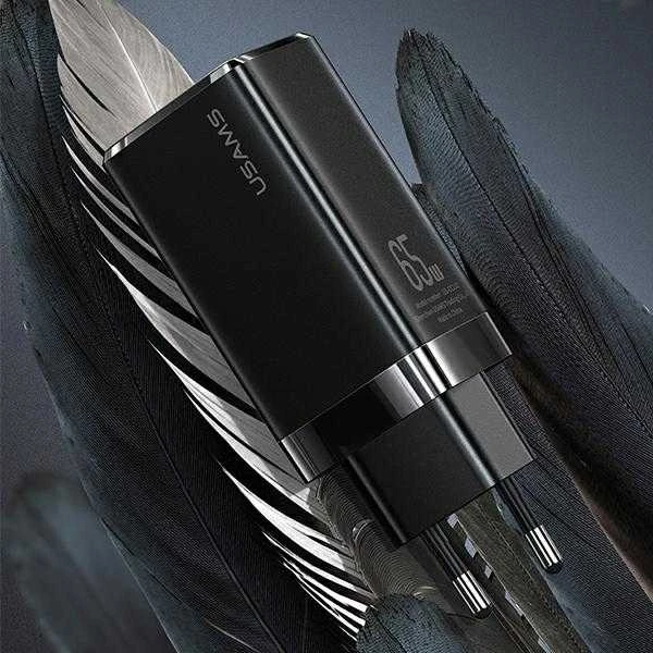 USAMS Laidinis įkroviklis MT 2xUSB-C + USB GaN 65W T33 PD (only head) Fast Charging baltos spalvos CC110TC02 (US-CC)