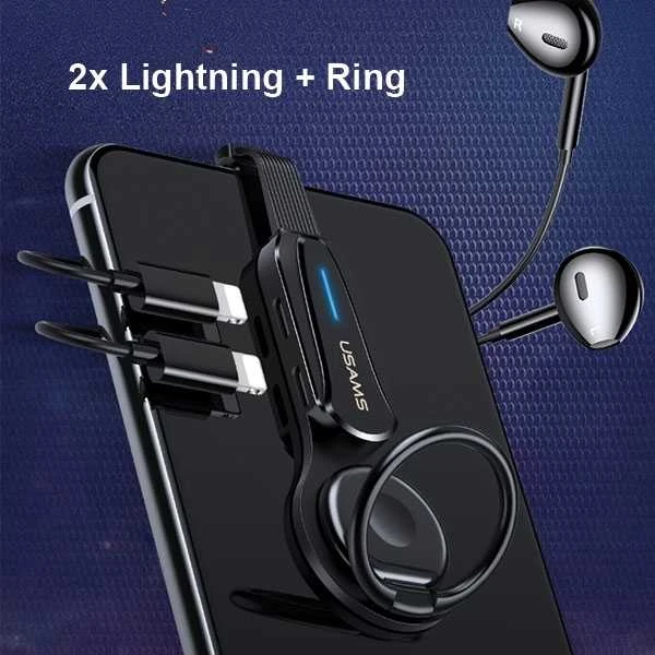 USAMS ADAPTER AU08 2W1 2X LIGTNING LED + RING HOLDER Juodas