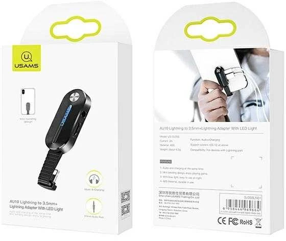 USAMS ADAPTER AU10 2W1 LIGHTING - 3.5MM + LIGHTING LED Juodas