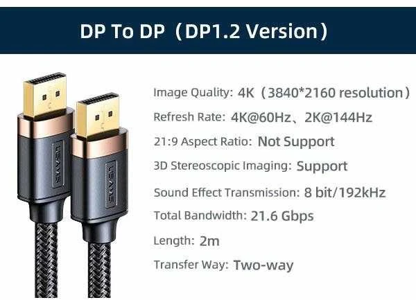 USAMS DP – DP Kabelis U74 2.0m juodos spalvos 4K HD SJ531HD01 (US-SJ531)