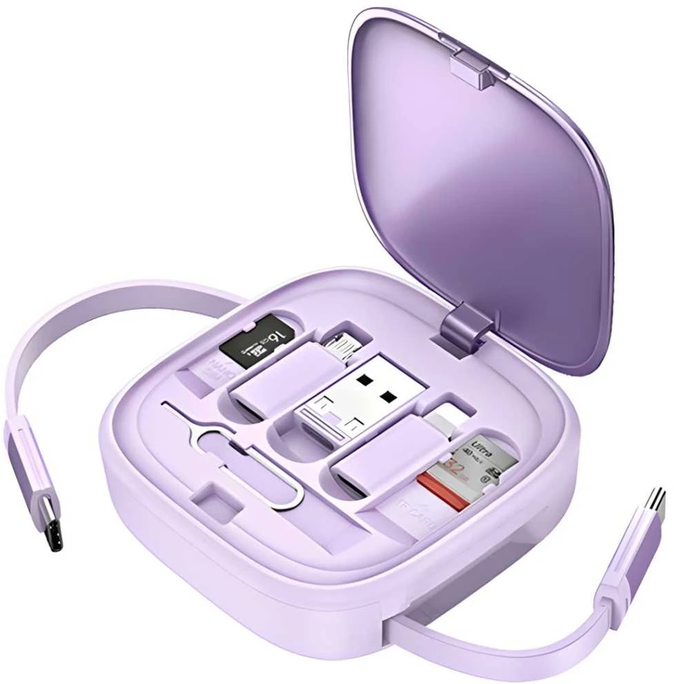 USAMS Kabelis rozwijany 3in1 su pudełkiem MicroUSB/USB-C/Lightning 60W violetinės spalvos SJ650USB03 (US-SJ650)